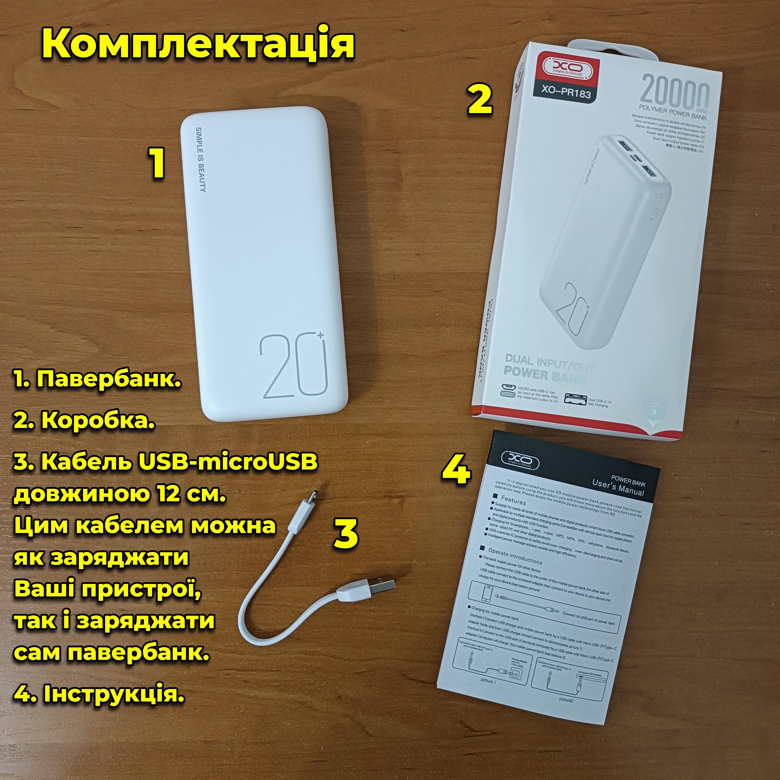 Повербанк XO PR183 2xUSB/Type-C/microUSB 20000 mAh Білий (00034) - фото 6