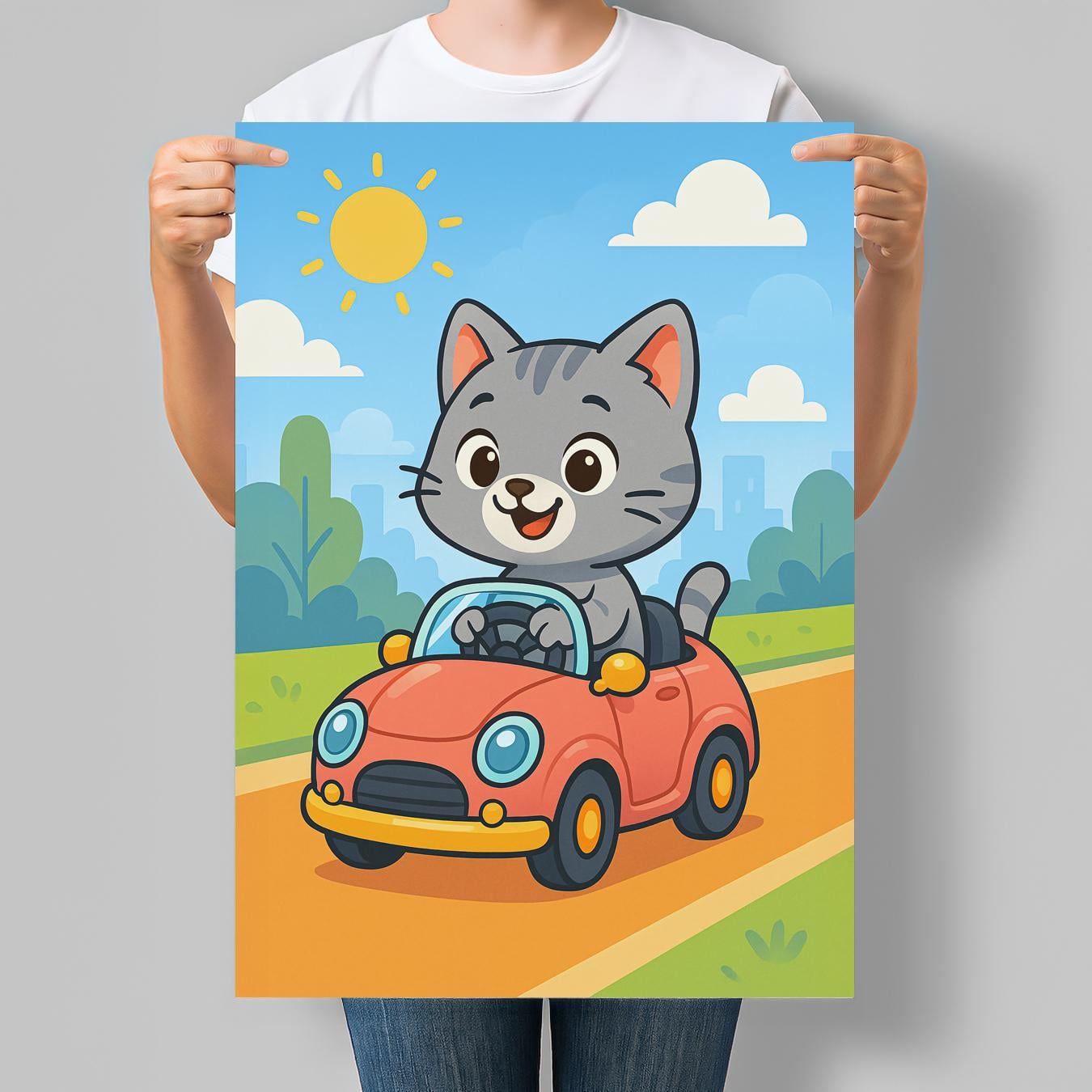 Постер для дитячої кімнати Сірий котик на рожевому автомобілі 30x42 см A3 без рамки (DYT023_A2)
