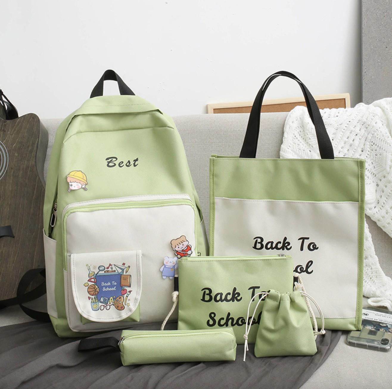 Рюкзак школьный для девочки 5в1 Back To School шоппер/пенал/сумочка/кошелек Салатово-белый (DR016909)