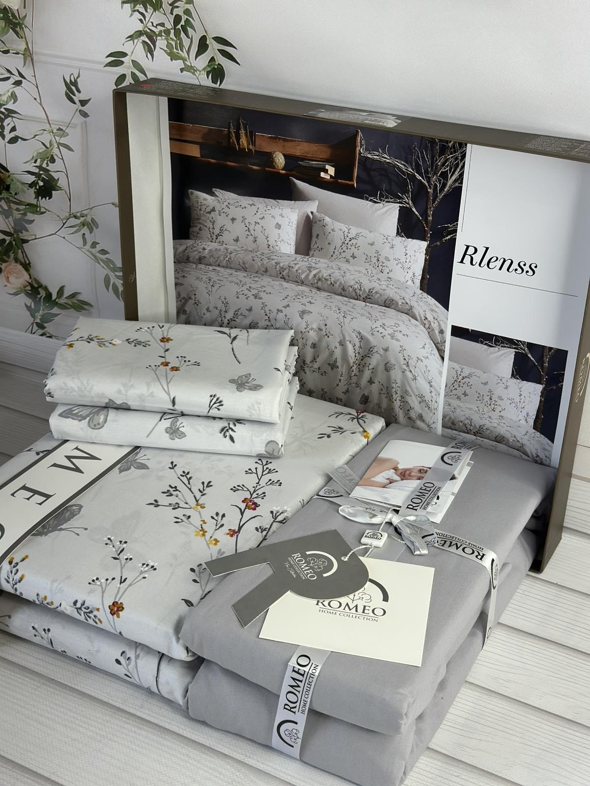 Комплект постільної білизни Rlenss Квіти та метелики поплін Євро Сірий з білим (Rlenss)