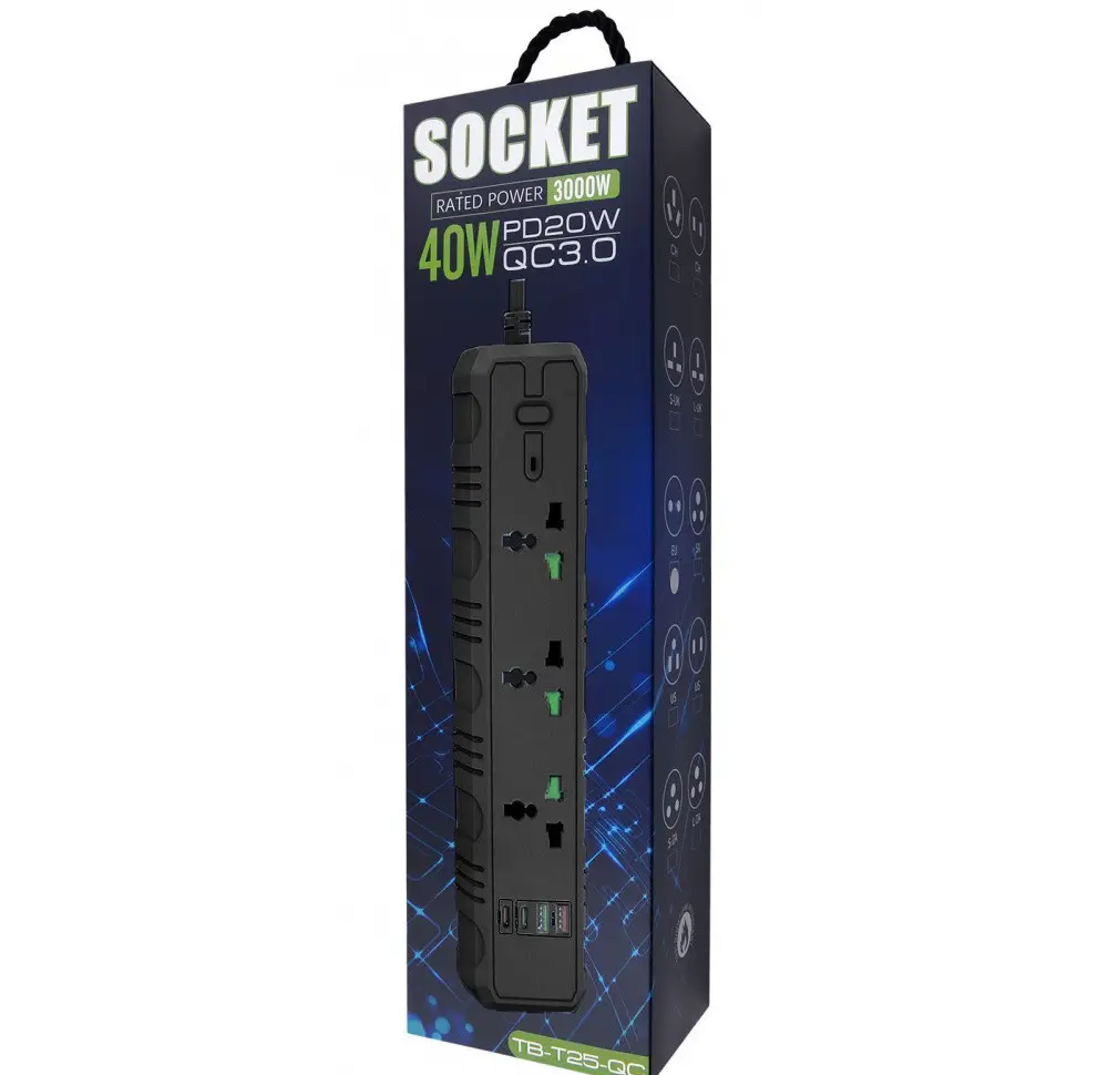Подовжувач T25-QC 3 розетки/2 USB/2 Type-C захист від перегріву 2 м 3000 Вт Чорний (36879) - фото 7
