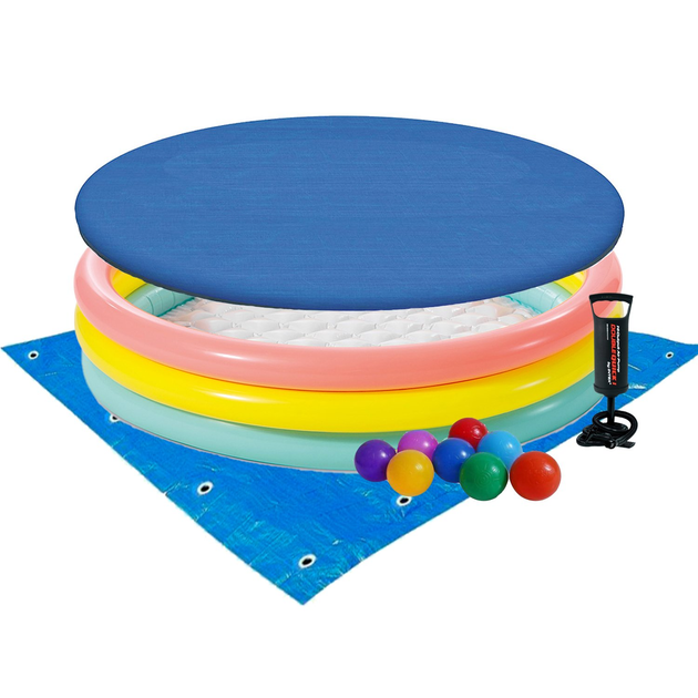 Бассейн надувной детский Радуга виниловый круглый с насосом/подстилкой/тентоми/шариками 131 л 114х25 см Разноцветный (21-9-57412.3)