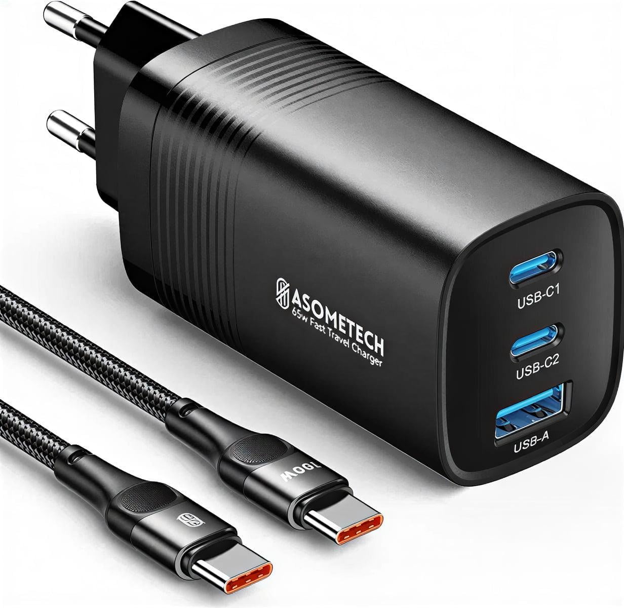 Зарядний пристрій ASOMETECH RCE-6501 65W GAN PD/QC 1USB/2Type-C/кабель 100W Type-C-Type-C Black (43047)