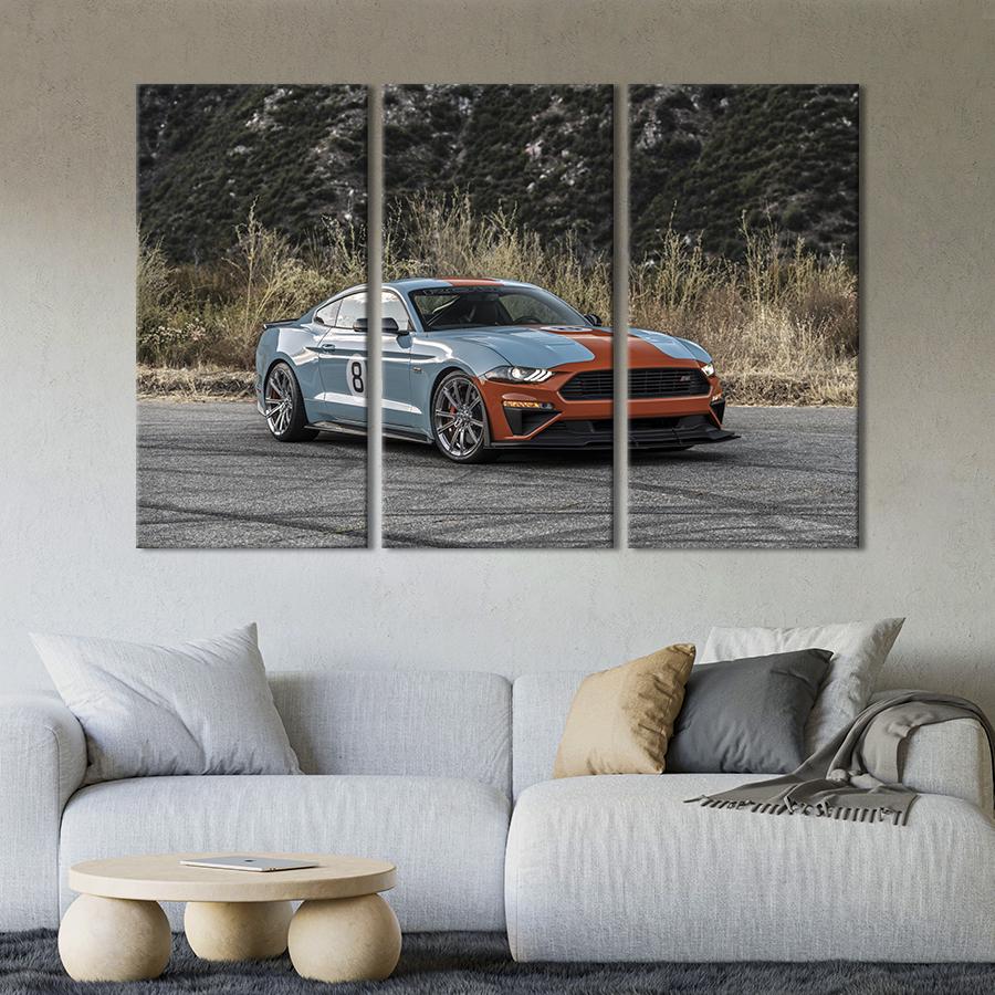 Картина на холсте триптих Быстрый автомобиль Mustang Roush Stage 156x100 см (1253-31)