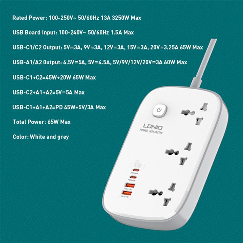 Подовжувач мережний Ldnio SC3416 3 Sockets USB Type-C 65W White - фото 7