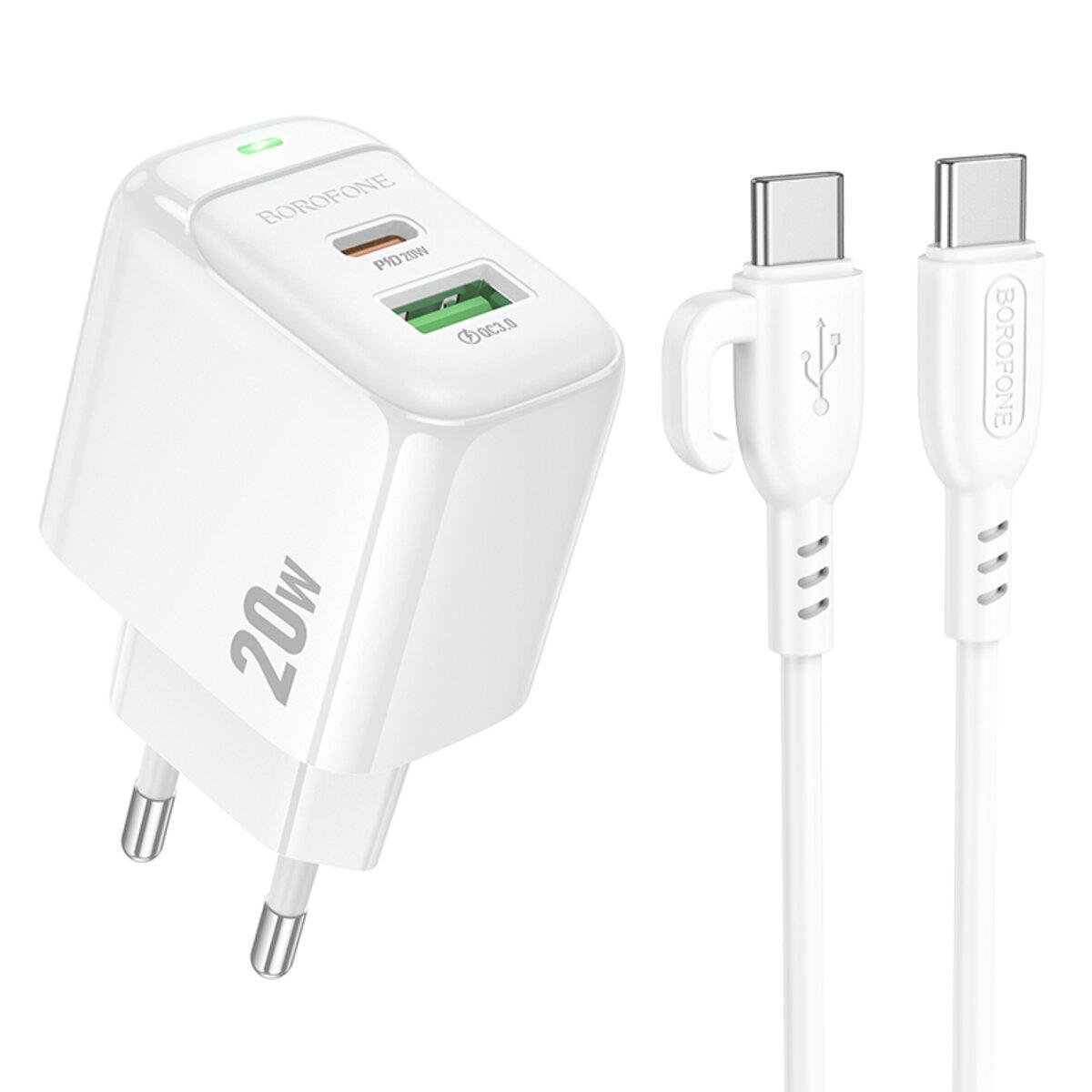 Зарядное устройство с кабелем Borofone BAS44A Potential PD20W+QC3.0 Charger Set 3A Type-C to Type-C Cable White (6941991113864) Зарядное устройство с кабелем Borofone BAS44A Potential PD20W+QC3.0 Charger Set 3A Type-C to Type-C Cable White (6941991113864)