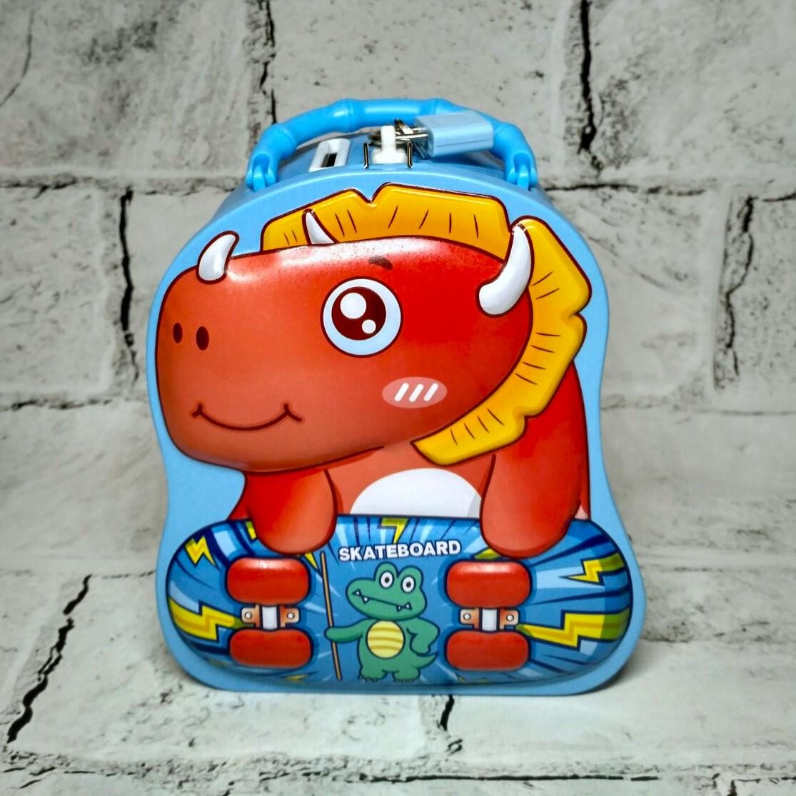 Копилка для мальчика Динозавр металлическая с замочком 15,5х13,5х7 см Голубой (N-1341-1)