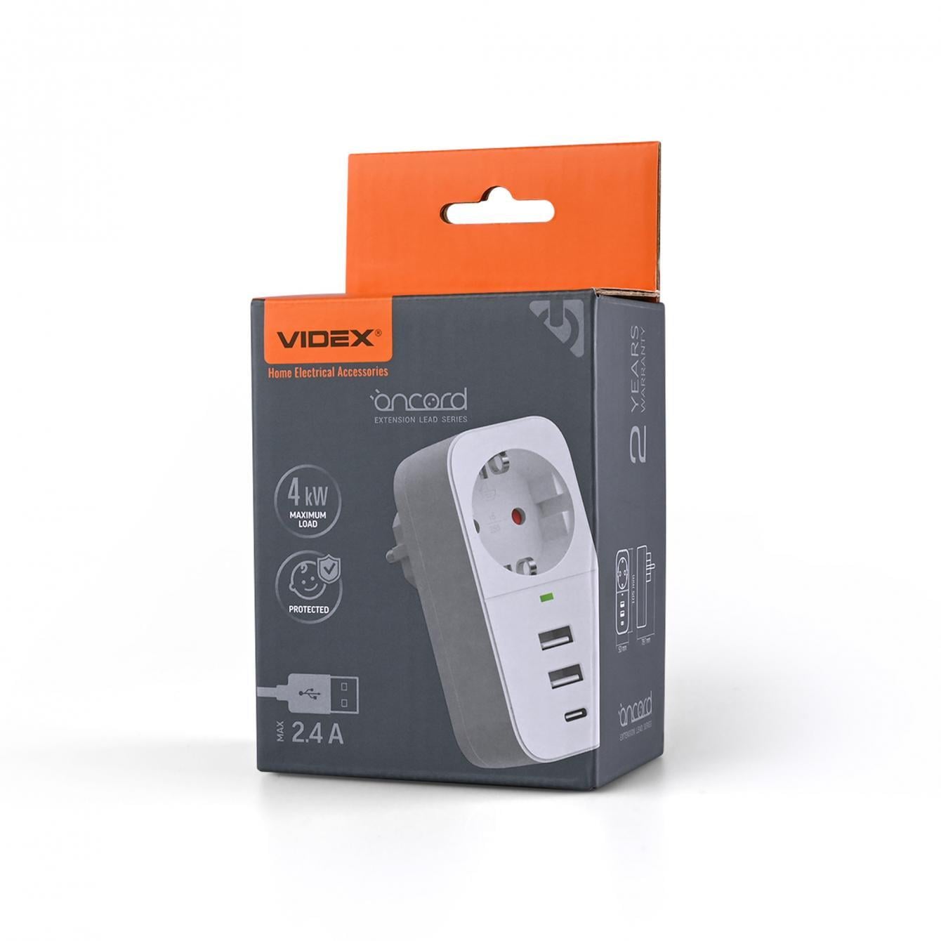 Мережевий адаптер Videx ONCORD з/з 1п 2,4A 2USB/USB-C Білий (27849001)