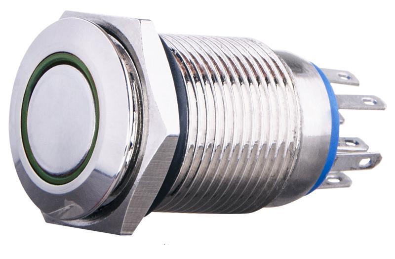 Кнопка TYJ 16-362 металлическая плоская с фиксацией 2NO+2NC с подсветкой 220V Зеленый (A0140010102)