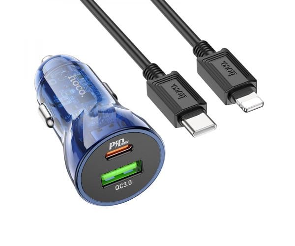 Зарядное устройство автомобильное Hoco Z47A PD30W/QC3.0 Type-C to Lightning Transparent/Blue Зарядное устройство автомобильное Hoco Z47A PD30W/QC3.0 Type-C to Lightning Transparent/Blue