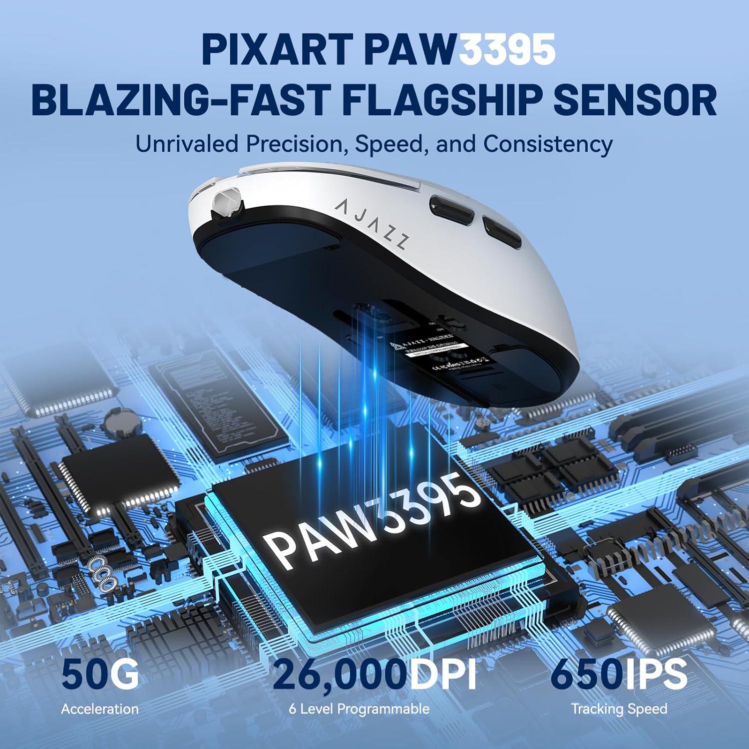 Миша ігрова бездротова Ajazz AJ159P із зарядною док-станцією RGB/сенсором PAW3395/26K DPI/56G/5 програмованими кнопками White - фото 6 Миша ігрова бездротова Ajazz AJ159P із зарядною док-станцією RGB/сенсором PAW3395/26K DPI/56G/5 програмованими кнопками White - фото 6