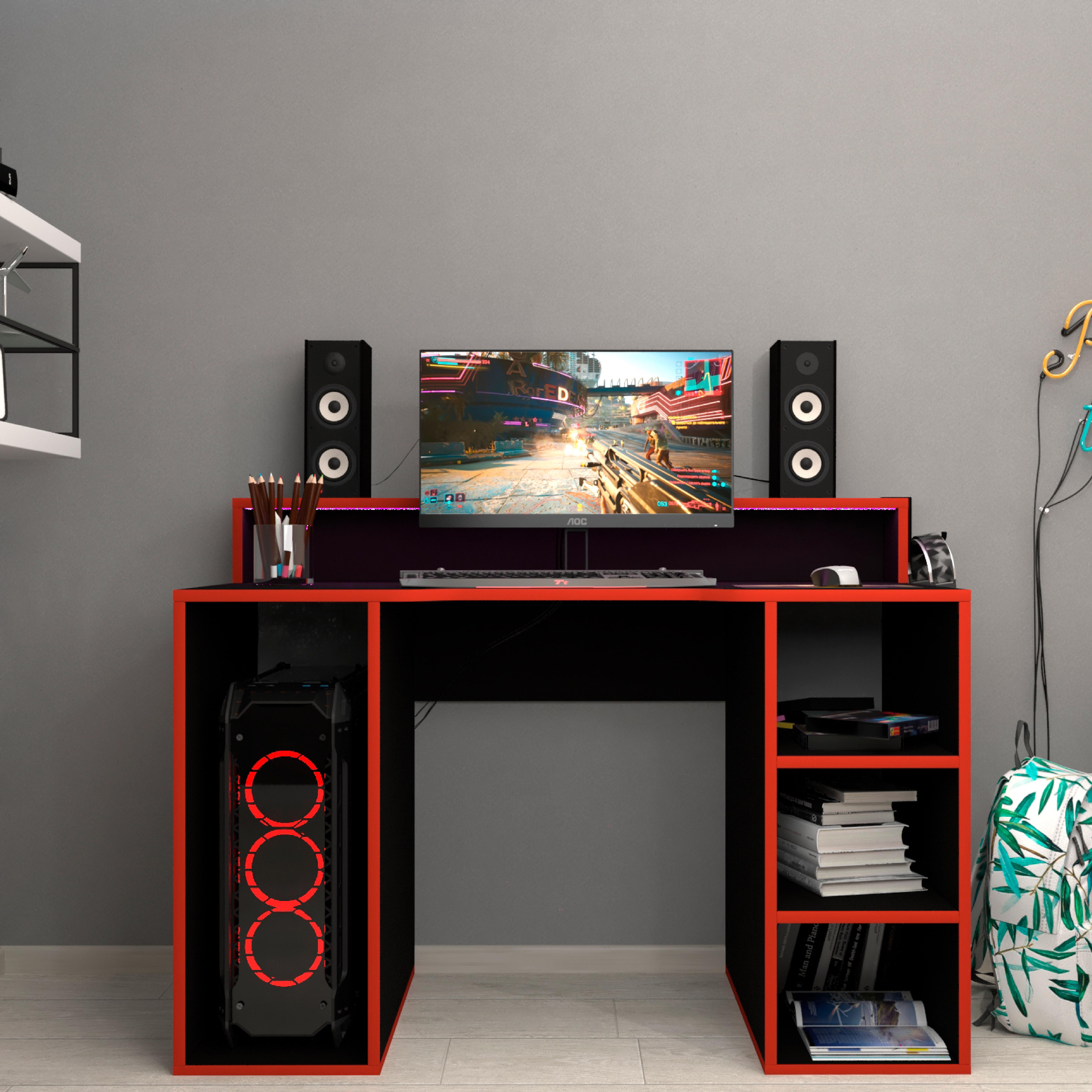 Компьютерный стол Mebellini Маршал Modern 1600х710/860х600 мм Черный с красной кромкой (арт.SKEP1000-060)