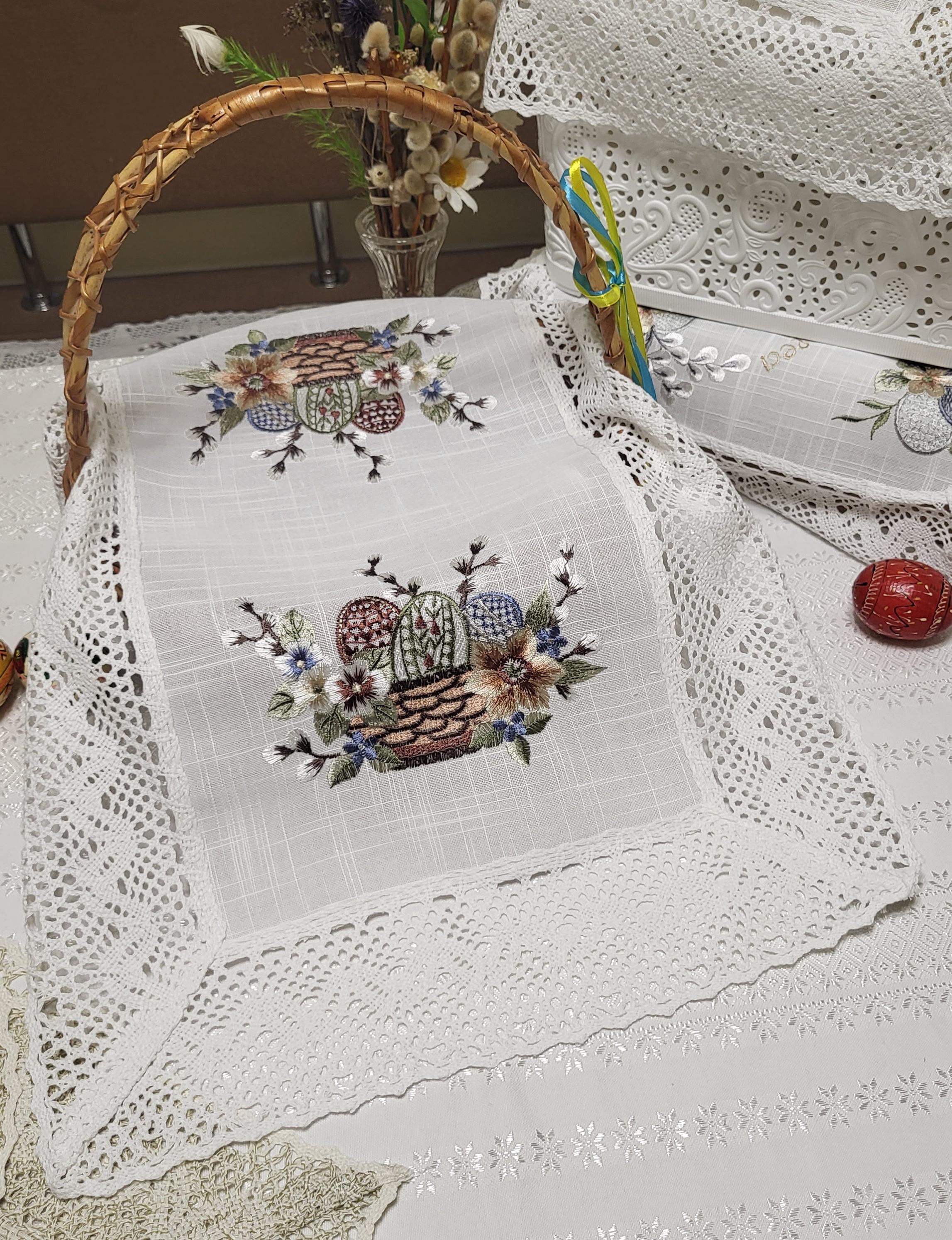Серветка-рушник на великодній кошик з вишивкою та мереживом (33305505)