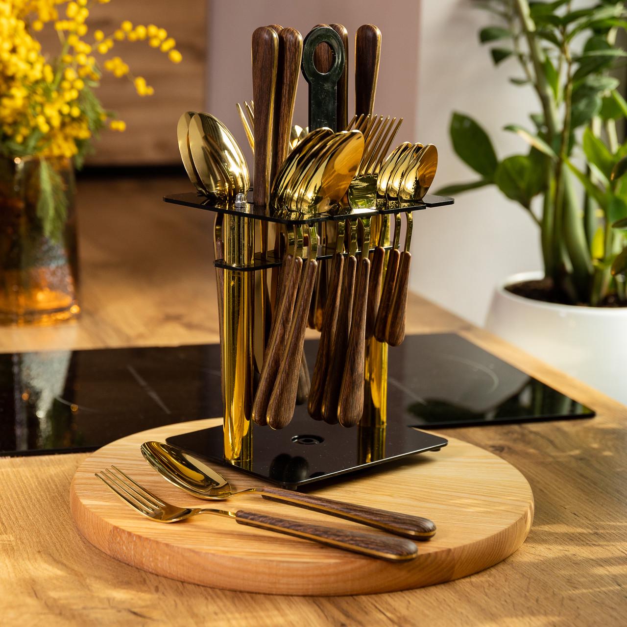 Набор столовых приборов на 6 персон с деревянными ручками на подставке столовых приборов 24 шт. Золотой HP-20-2