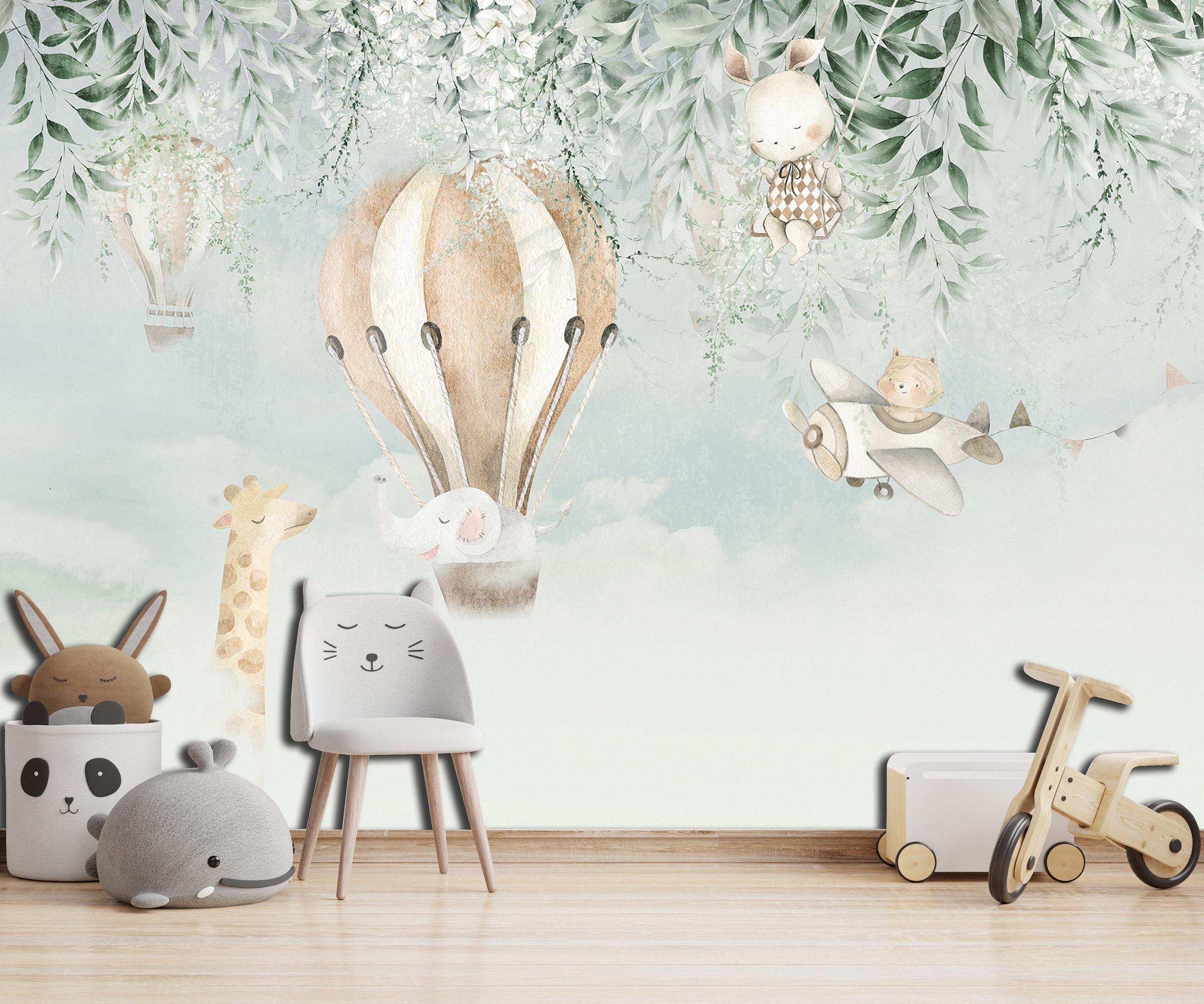 Фотошпалери Тварини в русі на повітряній кулі літак для дитячої кімнати з клеєм 416х254 см (15199VEXXXL)