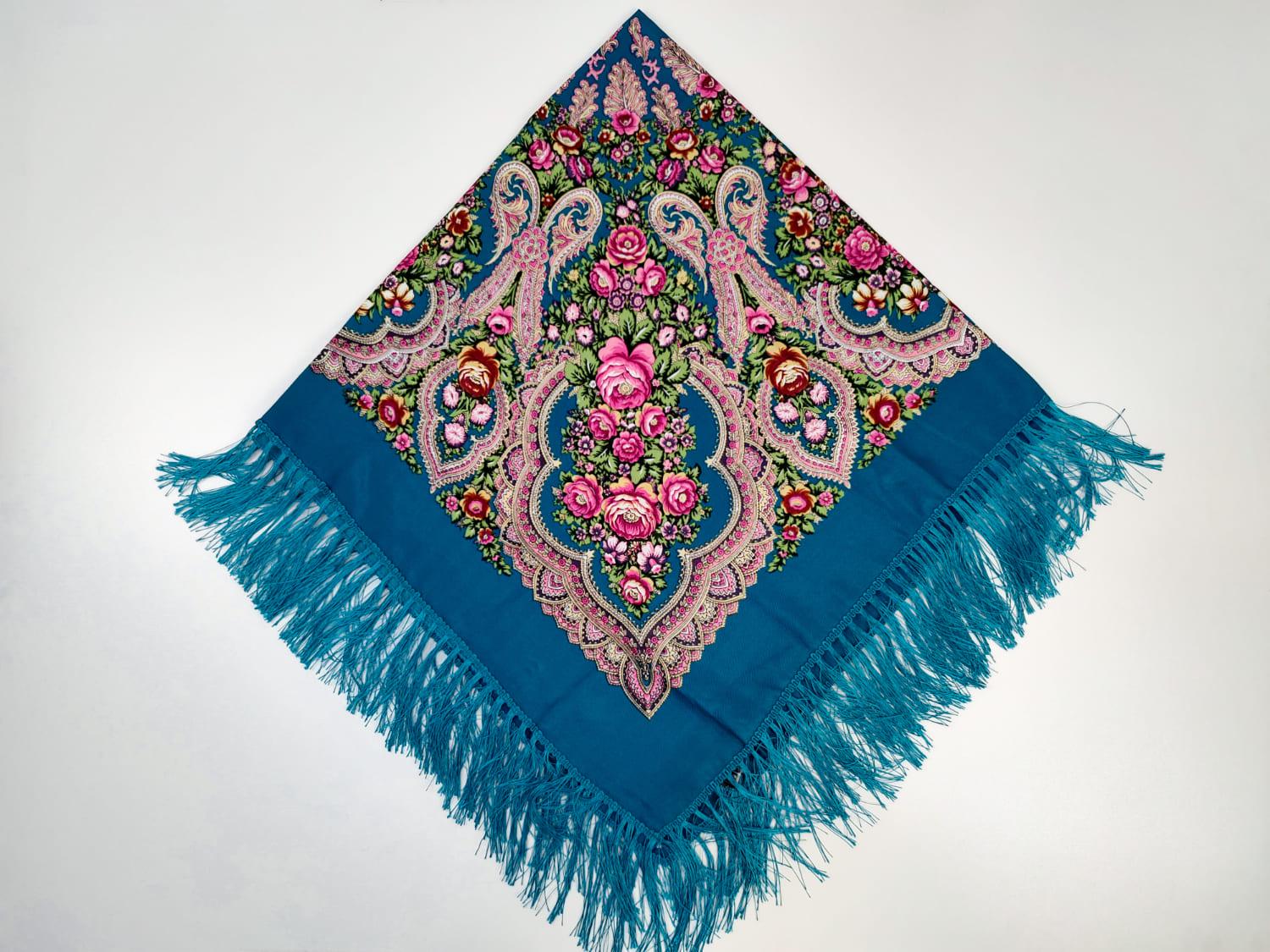 Платок в народном стиле Букет цветов 120х120 см Бирюзовый М18 (29416875)