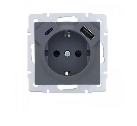 Розетка одинарная Lezard Vesna с заземлением/USB/Tуре C Шеффилд Грей (26657928)