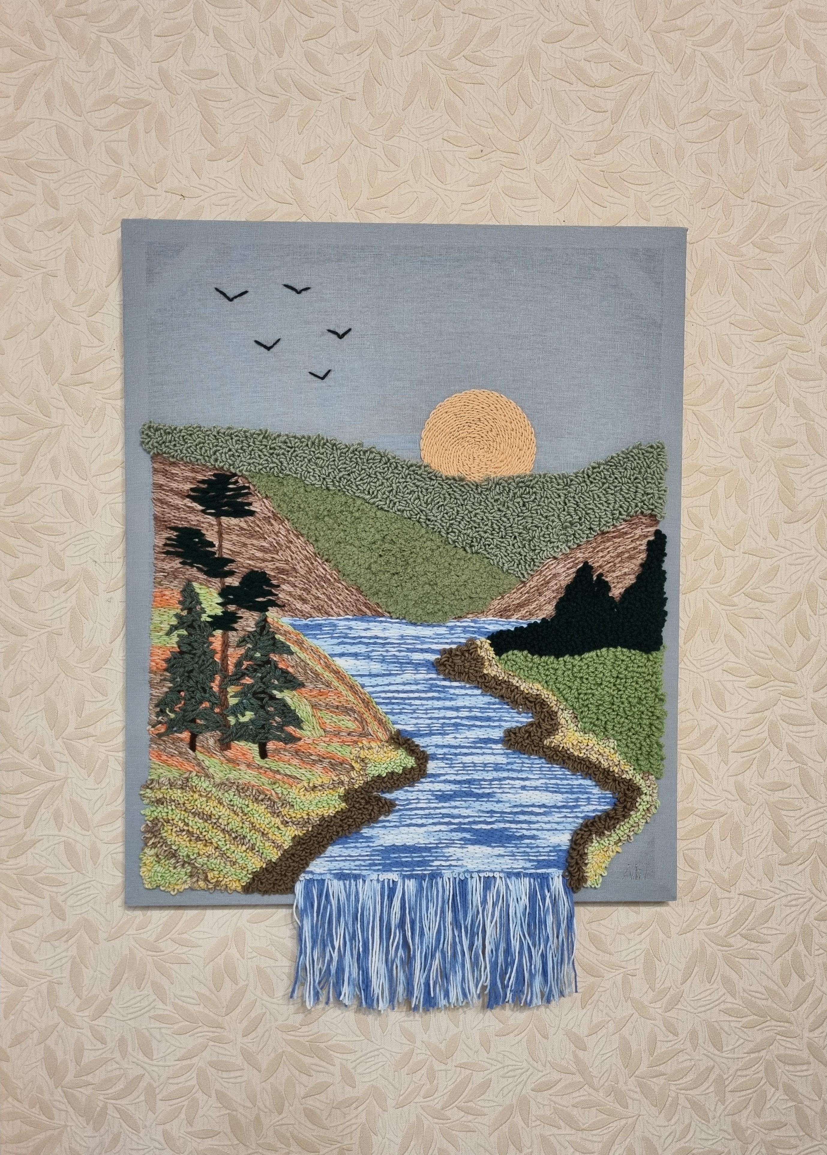 Картина ручной работы Карпатский рассвет ковровая вышивка 60х50 см (1024)