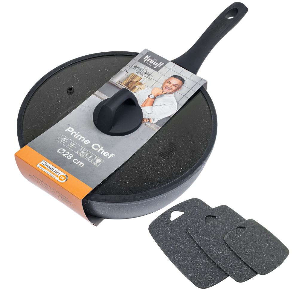 Сковорода глубокая с крышкой Krauff Prime Chef 28 см с кухонной доской и сумкой-шоппер (55-333-529)