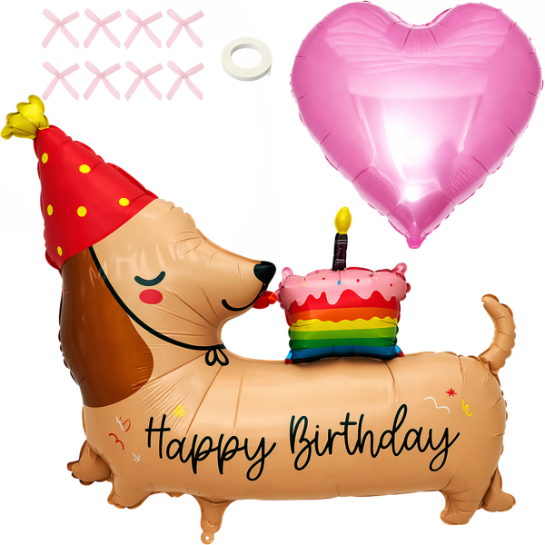 Набор фольгированных шаров Такса Happy Birthday с сердцем и бантиками.