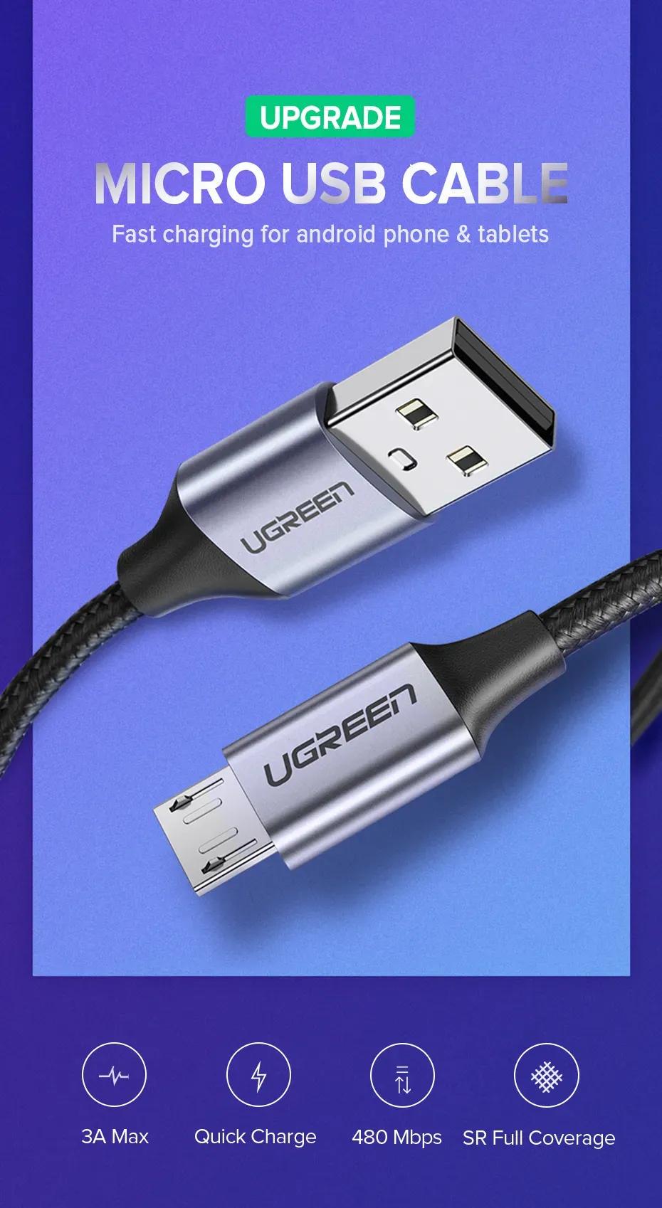 Кабель UGREEN USB-Micro-USB 18Вт 3А/6В 480 Мбіт/с швидка зарядка USB 2.0 A на Micro-B Плетений 3 м Чорний (60403) - фото 2