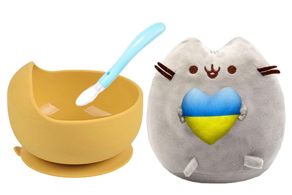 Игрушка мягкая Pusheen cat S&T с сердцем и тарелка Y28 с силиконовой ложкой Голубой (n-10551)