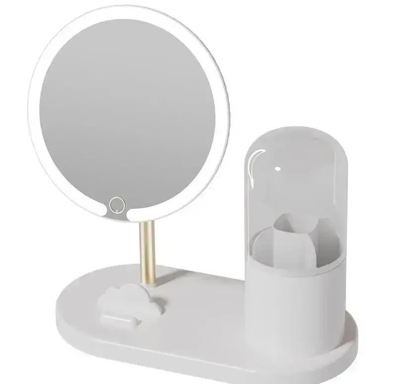 Зеркало с LED подсветкой круглое с тубусом для хранения косметики Белый (6016)