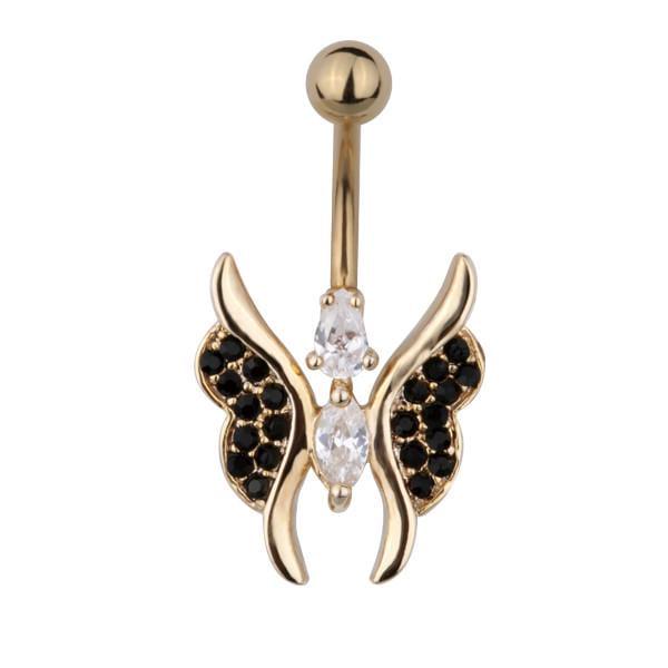 Серьга для пирсинга Банан в пупок золотистая бабочка в черных стразах с туловищем из двух белых страз-капель 1,6х10 мм (TBBU58)