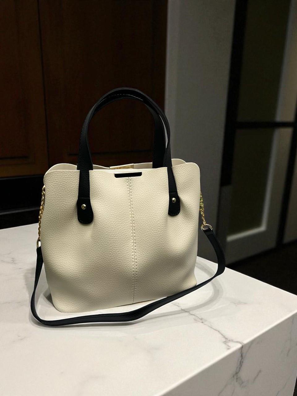 Сумка большая женская элегантная вместительная через плечо из экокожи плечевой ремешок Бежевый с черным - фото 2 Сумка большая женская элегантная вместительная через плечо из экокожи плечевой ремешок Бежевый с черным - фото 2