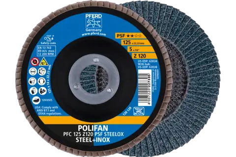 Круг шліфувальний пелюстковий PFERD PFС 125 Z120 PSF STEELOX для обробки нержавіючої сталі (67769125) - фото 3 Круг шліфувальний пелюстковий PFERD PFС 125 Z120 PSF STEELOX для обробки нержавіючої сталі (67769125) - фото 3