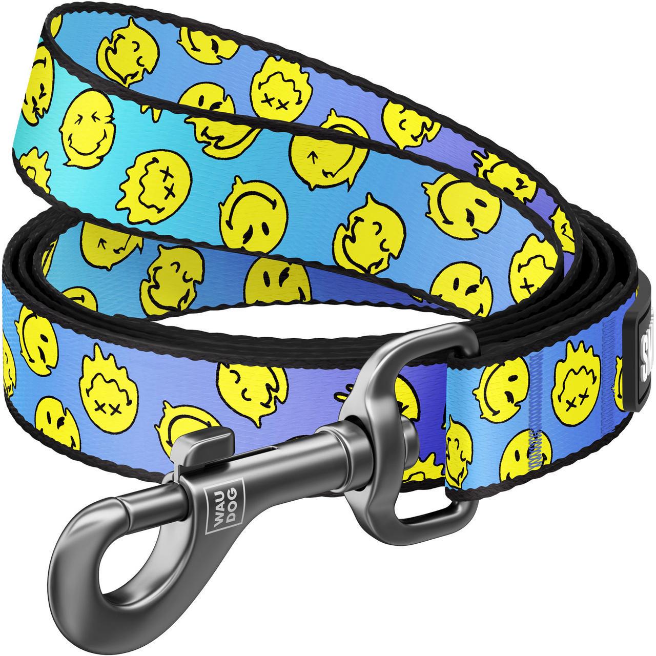 Поводок для собак нейлоновый Waudog Nylon Смайлики на голубом L-XXL 122 см 25 мм (342-0182)
