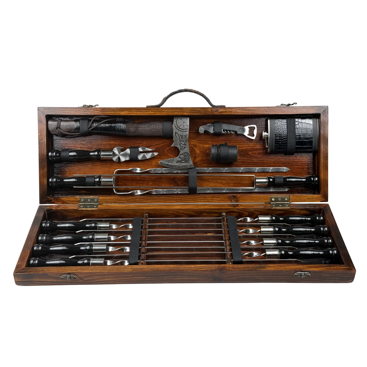 Набор шампуров с деревянными ручками для барбекю Кинг в подарочном ящике с топором