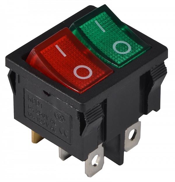 Переключатель АСКО-Укрем KCD1-6-2101N GR+R/B 2 клавиши 2NO с подсветкой 22 мм 220 V Зеленый/Красный неон (A0140040085)