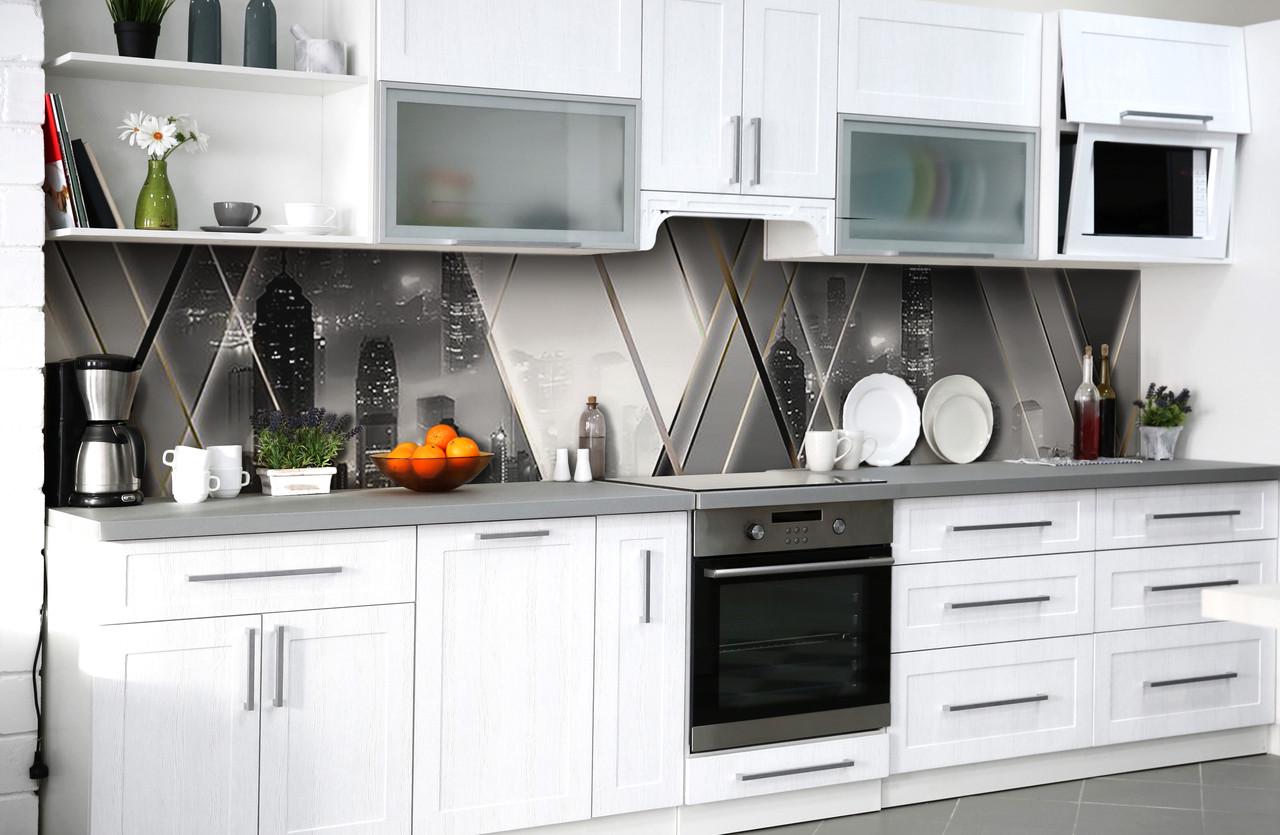 Кухонный фартук Зеркальный город из самоклеющейся виниловой пленки 65х250 см Серый