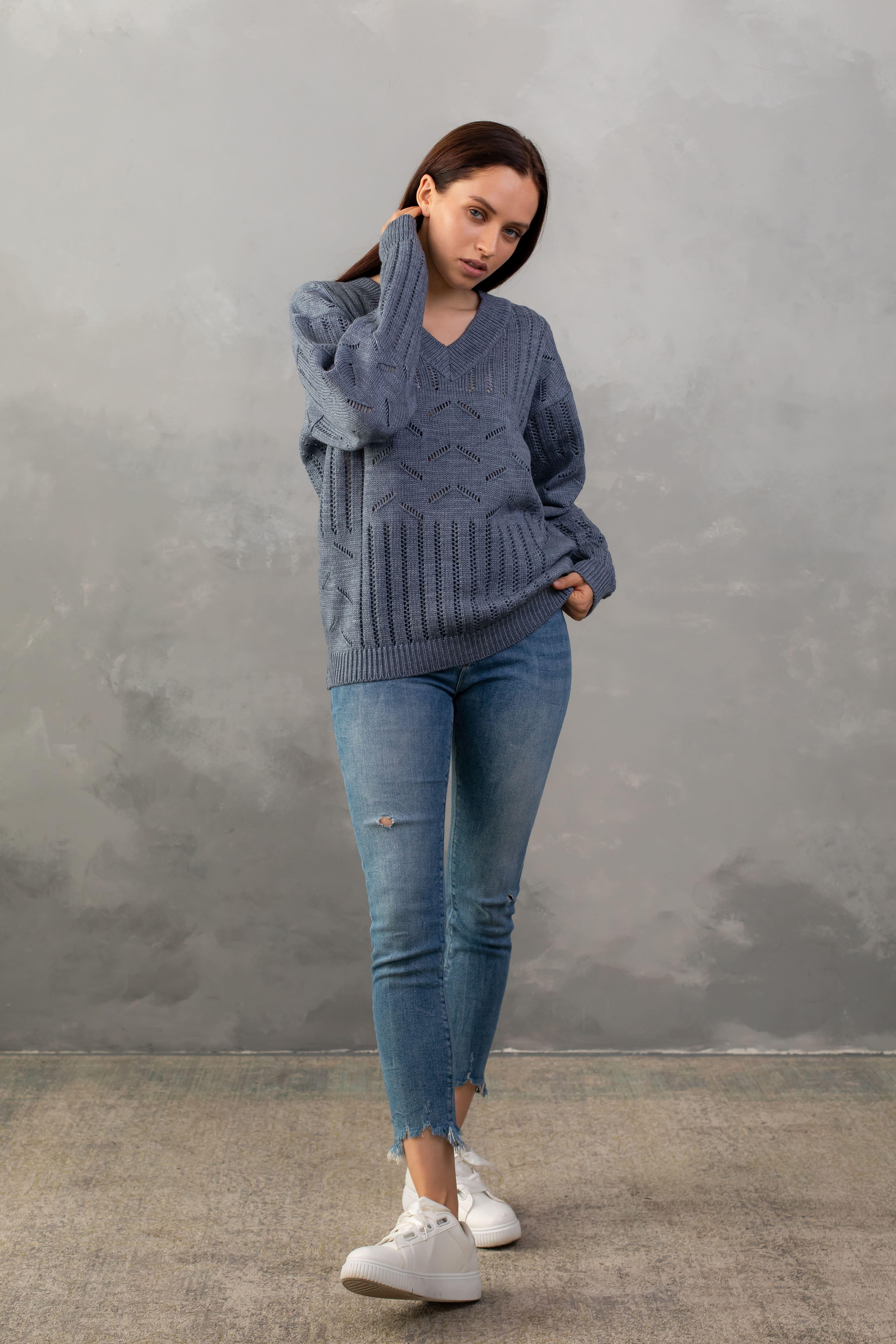 Джемпер женский с V-образным вырезом S-L Джинс (Bakhur 3236 Джинс)