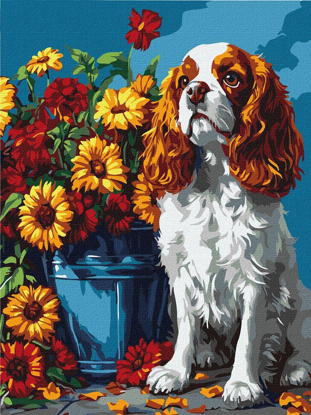 Набір для розпису по номерах Ideyka Спанієль та квіти КНО6673 30x40 см (MTT-194745)