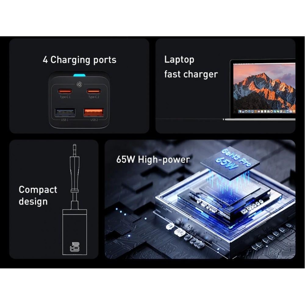 Зарядний пристрій мережевий BASEUS GaN3 Pro Desktop Fast Charger 2 Type-C/2 USB 65W Black (25397400) - фото 6 Зарядний пристрій мережевий BASEUS GaN3 Pro Desktop Fast Charger 2 Type-C/2 USB 65W Black (25397400) - фото 6