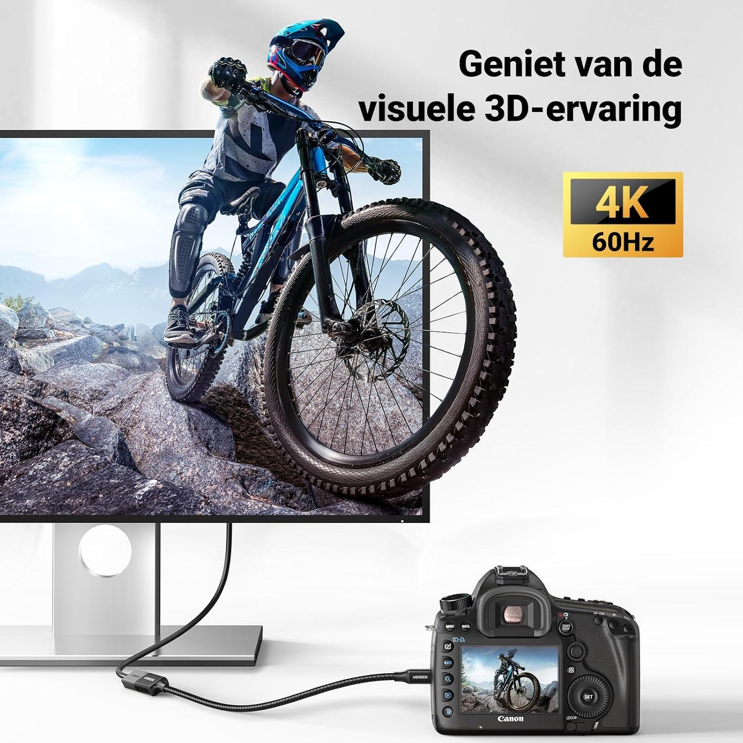 Кабель UGREEN Micro HDMI штекер to HDMI 2.0 разъем 4K 60Hz 3D нейлоновая оплетка 25 см Black (15842) - фото 2 Кабель UGREEN Micro HDMI штекер to HDMI 2.0 разъем 4K 60Hz 3D нейлоновая оплетка 25 см Black (15842) - фото 2