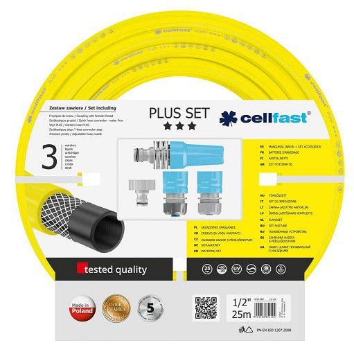 Набір для поливу Cellfast PLUS шланг 1/2" 25 м/зрошувач 25 бар 3 кульки Жовтий (10-290)