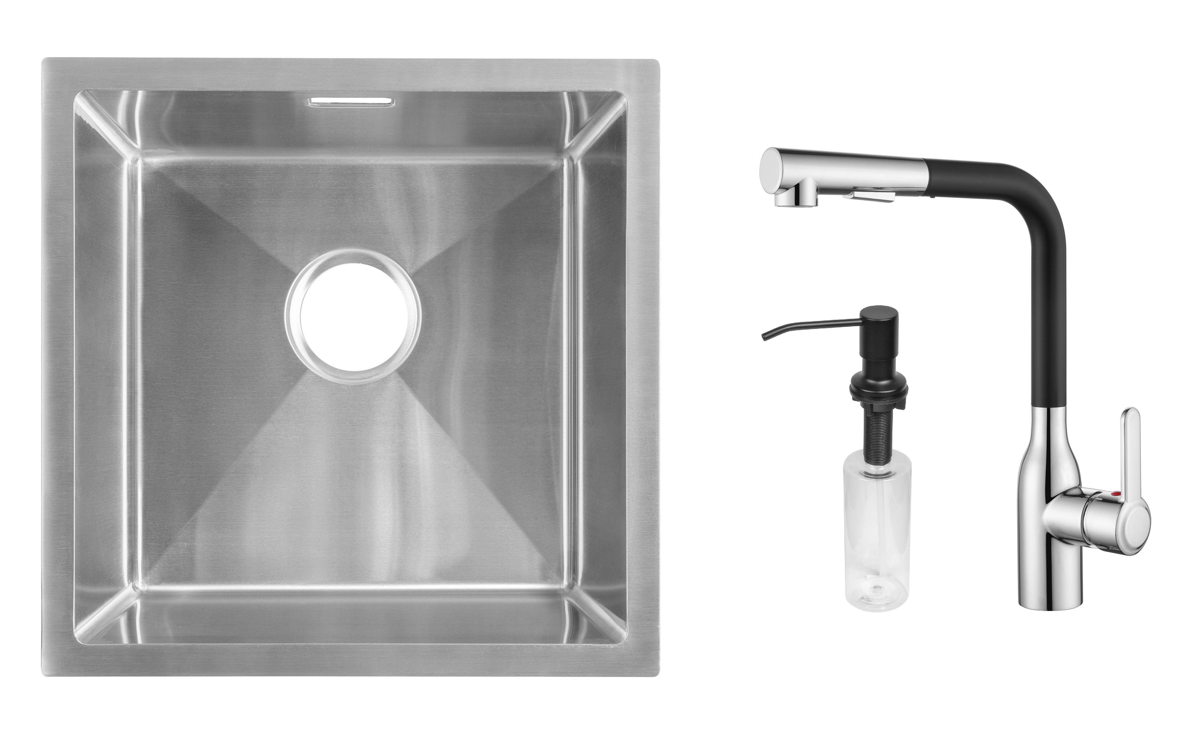Комплект з кухонної мийки Gunter&Hauer Olef 4522 Inox кухонного змішувача Gunter&Hauer DUNKEL Cr-Bl та дозатора Gunter&Hauer SOAP DISPENSER Black
