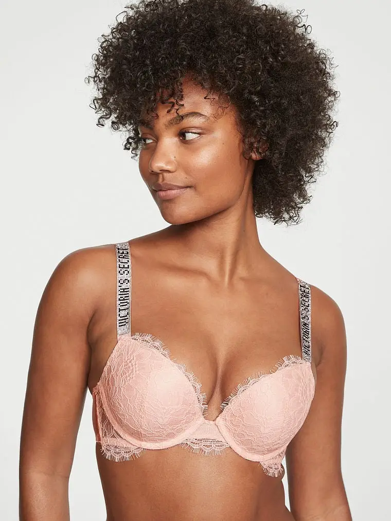 Бюстгальтер мереживний з пуш ап зі стразами Victoria's Secret Shine Strap Lace Push-Up Bra 85С Пудровий (19405949)