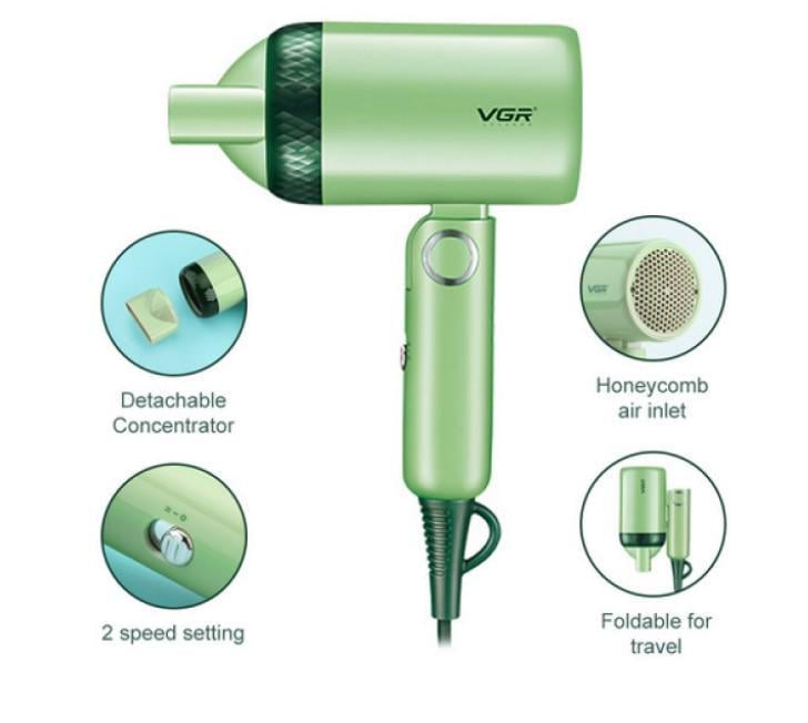 Фен складаний VGR V-421 портативний з концентраторною насадкою 1200 Вт Зелений (2390000048) - фото 7 Фен складаний VGR V-421 портативний з концентраторною насадкою 1200 Вт Зелений (2390000048) - фото 7