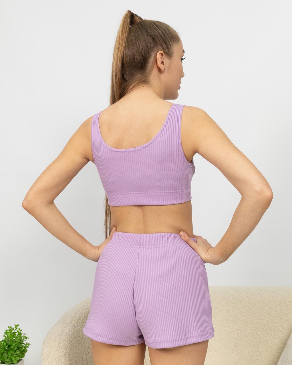 Пижама женская из рубчика топ и шорты Светло-сиреневый - фото 3 Пижама женская из рубчика топ и шорты Светло-сиреневый - фото 3