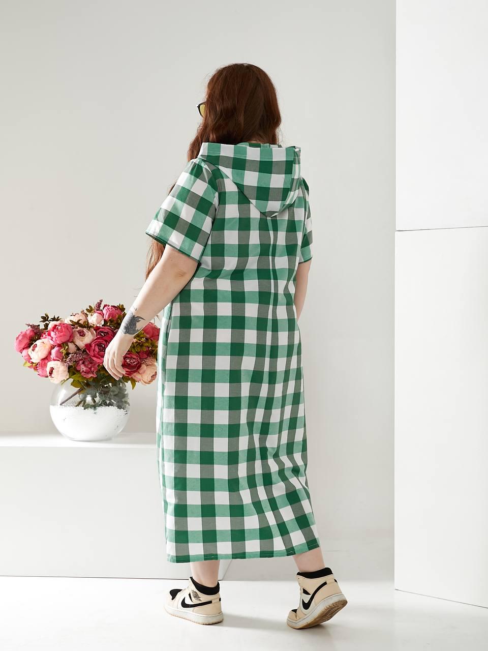 Сукня довга Клітинка котон з капюшоном р. 52-54 Зелений (1376) - фото 3 Сукня довга Клітинка котон з капюшоном р. 52-54 Зелений (1376) - фото 3