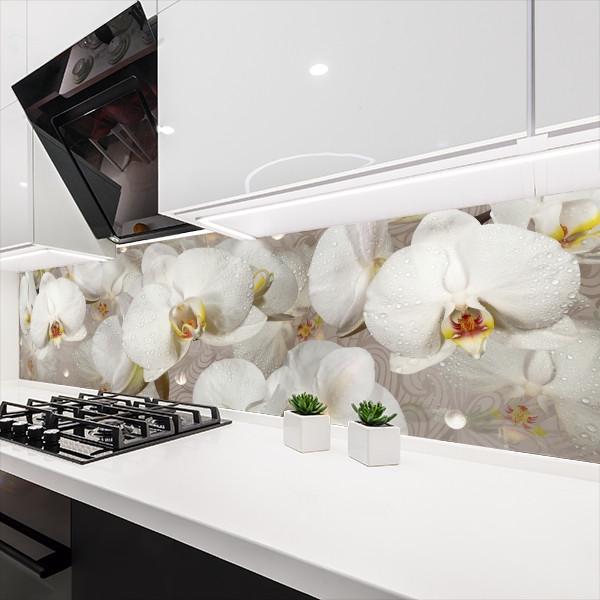 Наклейка на кухонний фартух Білі орхідеї на полотні фотодрук із захисною ламінацією 65х300 см (БП-fl96410-4)