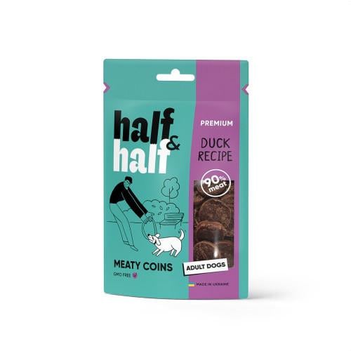 Ласощі для собак Half&Half у формі м'ясних монеток з качкою 100 г Ласощі для собак Half&Half у формі м'ясних монеток з качкою 100 г