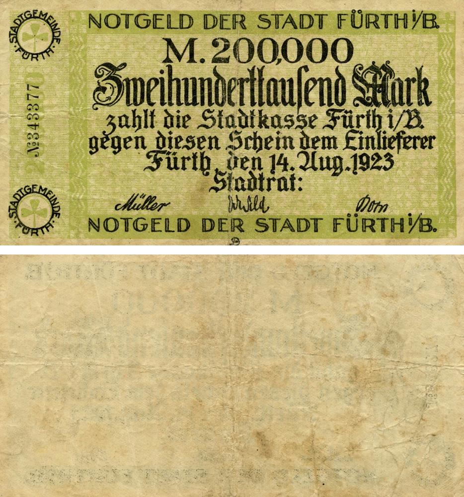 Коллекционная банкнота Германия Нотгельд 200 000 марок 1923 F-VF Фюрт (Б18883)