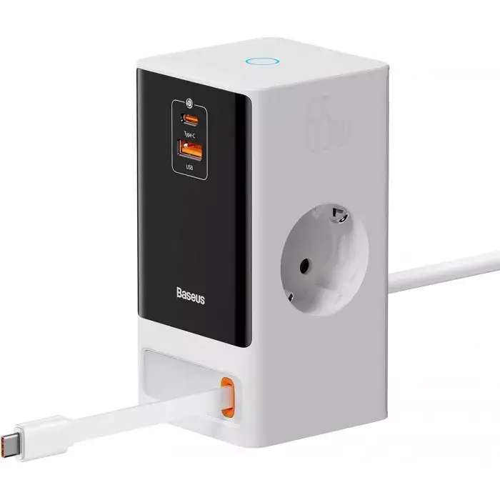 Зарядное устройство сетевое BASEUS Power Combo Digital Power Strip SVs 2AC/1 USB/1Type-C with Retractable Type-C Cable PSLR000602 65W White