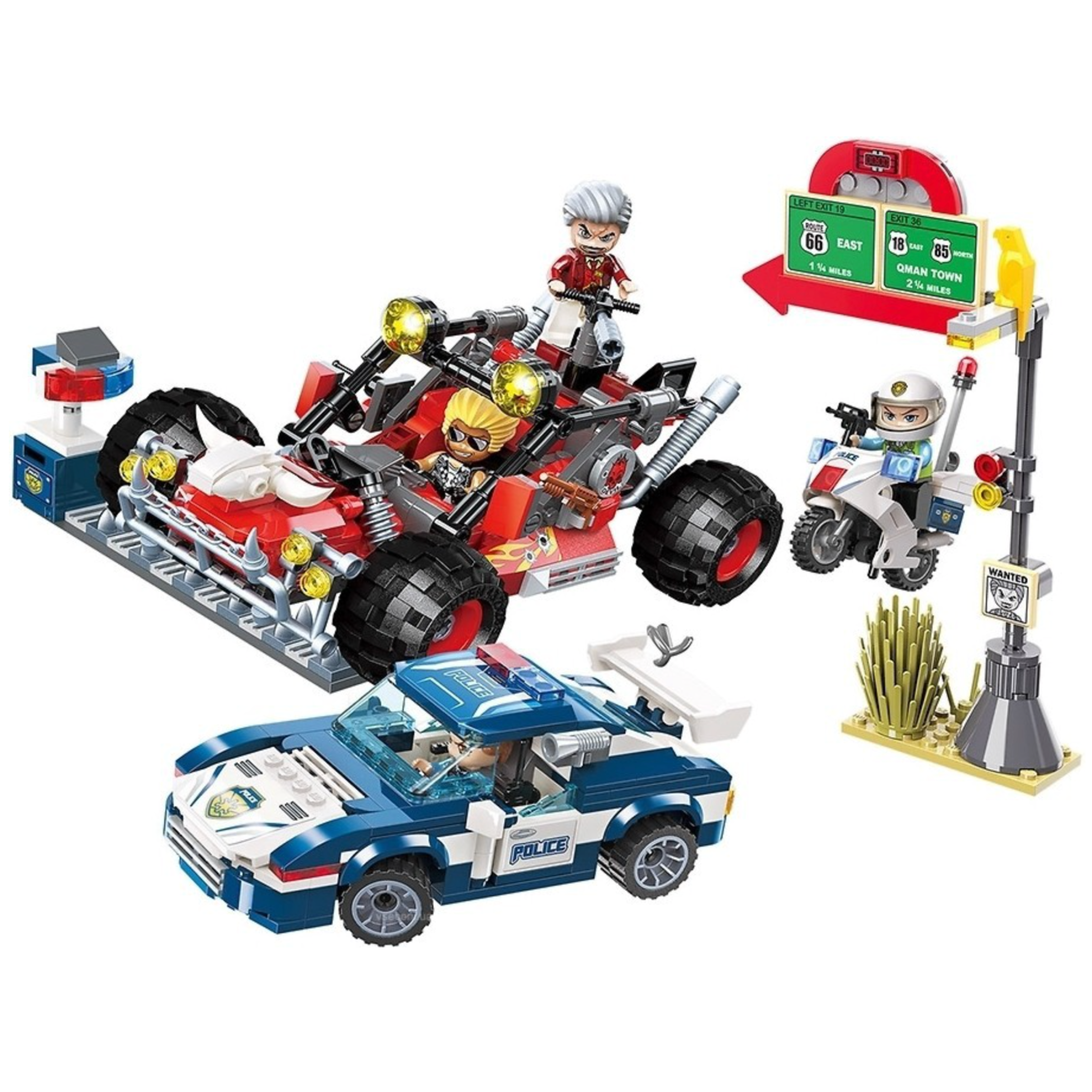 Конструктор Qman Brick 1936 Погоня на максимальной скорости 610 деталей 4 фигурки (1936)