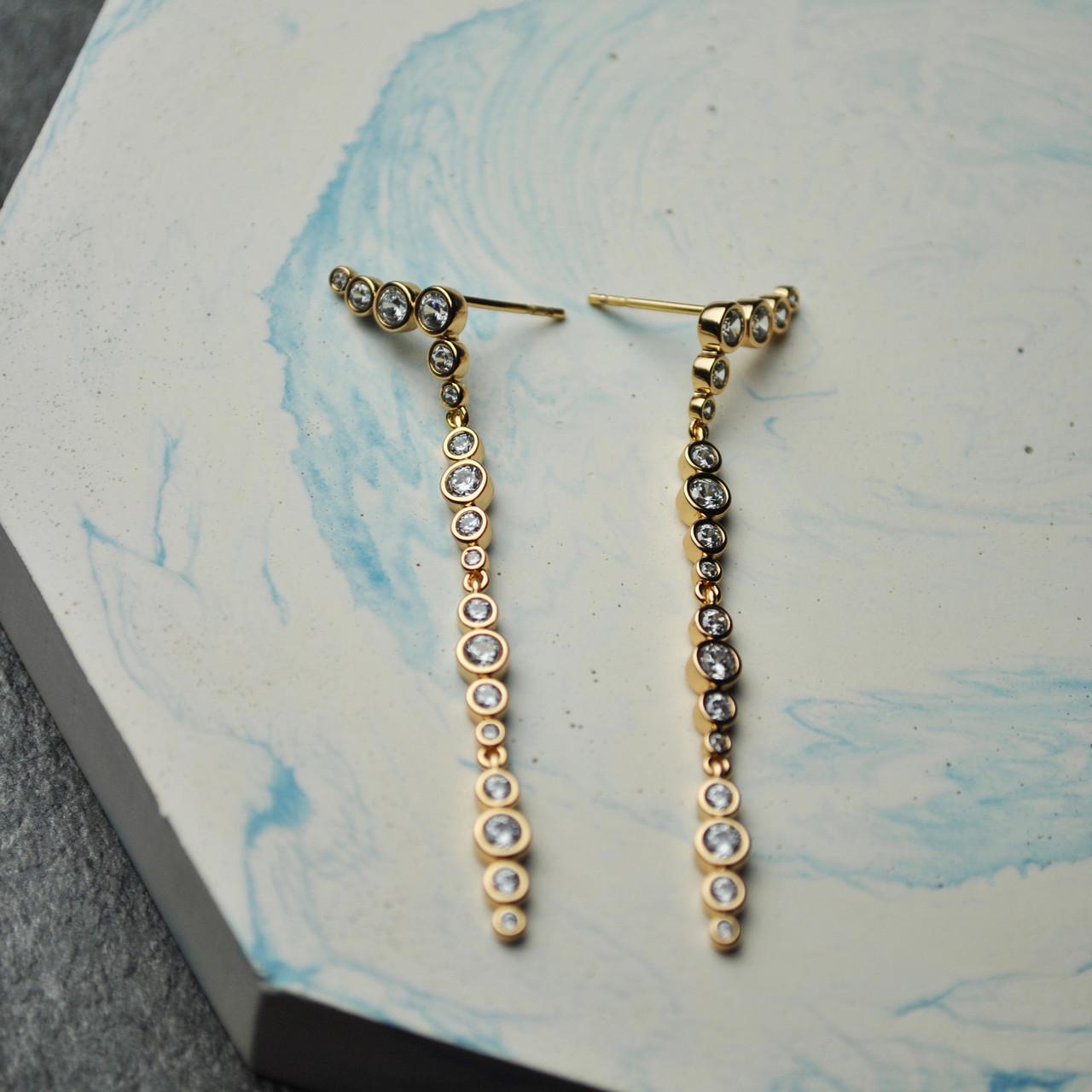 Сережки гвоздики длинные с фианитами медицинская сталь позолота (x186-2)